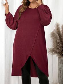 SHEIN Clasi 大码女式休闲纯色罗纹蝙蝠袖宽松裹身下摆长衬衫 - 酒紅色 - 查看 5