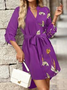 SHEIN Clasi Damklänning med V-ringning och kranmönster och volangärm, avslappnad passform - Blåröd - Visa 3