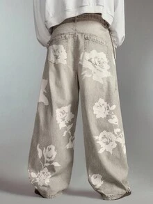 ROMWE MEN Street Life Herren Jeans mit Blume Muster und Tasche, lockere Passform, weites Bein, lässig - Grau - Übersicht 8
