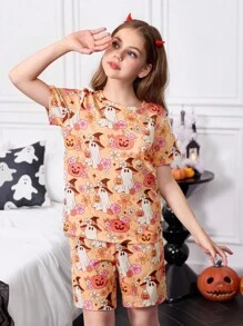SHEIN Halloween Cute Floral Pumpkin & Ghost Print Girls Pajama Set - Multicolor - View 4