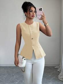 Elenzga 时尚无袖收腰黑色夹克，金色纽扣装饰，适合春夏季日常穿着