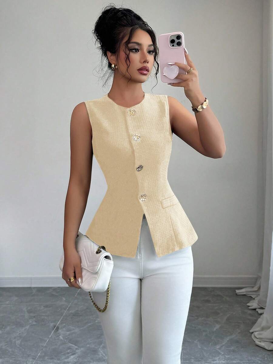 Elenzga 时尚无袖收腰黑色夹克，金色纽扣装饰，适合春夏季日常穿着