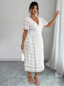 Elenzga 夏季大码女式优雅系带短袖裹身裙