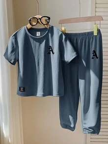 2件套年轻男童休闲舒适百搭图案印花短袖T恤和裤子套装 - 霧霾藍 - 查看 4