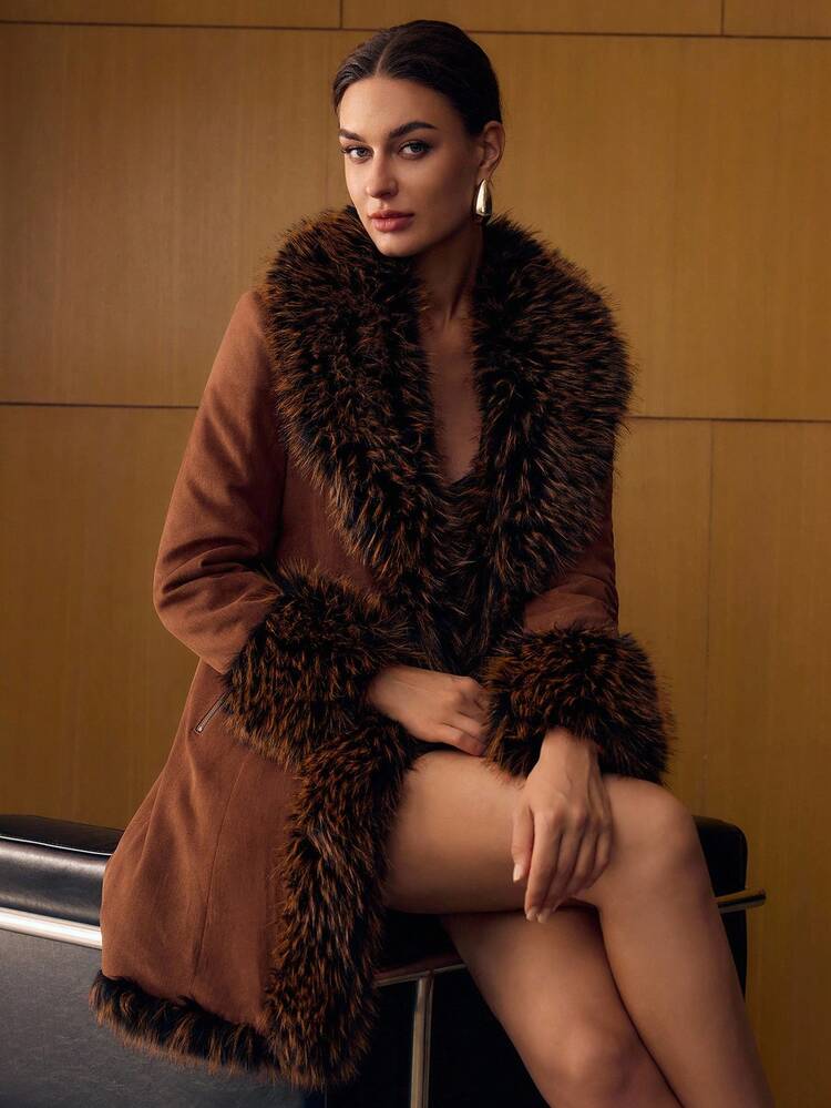 BELTED POCKET FAUX FUR COAT