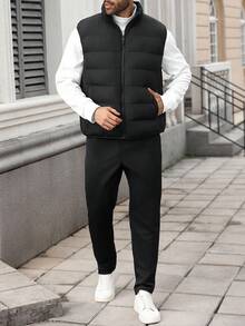 Manfinity CasualCool Plus Size Men's Autumn And Winter Zipper Stand Collar Sleeveless Vest Jacket, Black Thickened Loose Loose Vest, Solid Color Simple Clothing, Black And White Diamond Grid Design Printed On The Inside, Suitable For Daily Casual Wear, Weekend Outings, Outdoor Activities, Street Style, Travel And Relaxed Working Environment, It Is An Ideal Gift For Your Boyfriend Or Husband. - Black - View 5