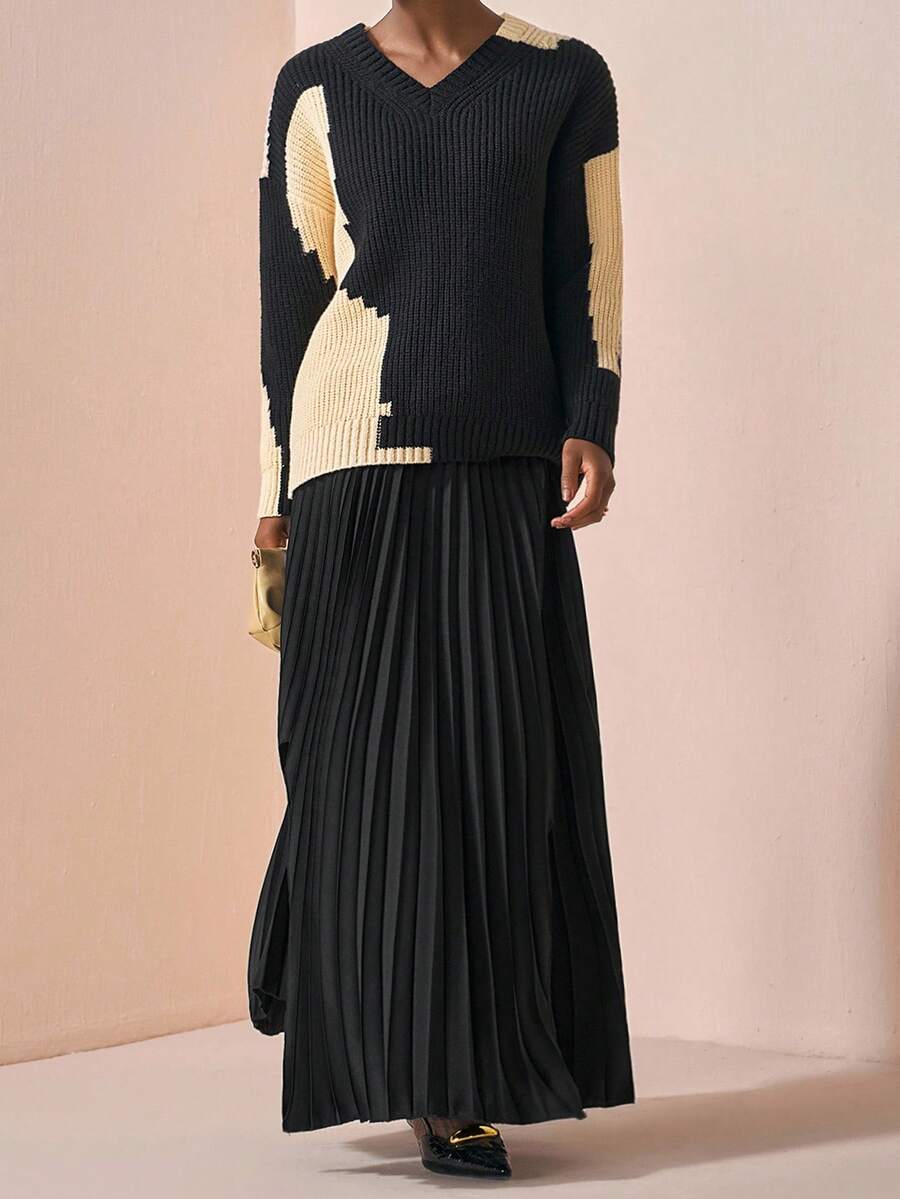 Zivah 2025 Autumn/Winter New Elegant Party, Formal Occasion, Daily, Date, Work Commute Versatile V-Neck Long Sleeve Loose Women Pullover Sweater Top - B - Black and White - View 1