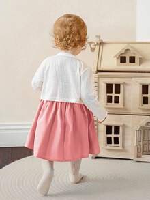 SHEIN 女婴幼儿新生儿0-3岁春夏休闲日常百搭蝴蝶结罗纹针织吊带背心上衣+短裤2件套，婴儿春夏装 - 粉色 - 查看 2