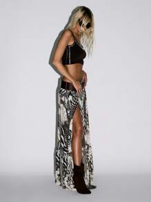KIZN Front Split Ruffled Maxi Skirt With Wide Belt Boho Chic Long Flowing Animal Print High Waisted Festival Summer Beach Resort Wear - Multicolor - View 5