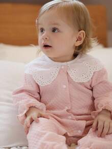 SHEIN 女婴粉色休闲针织连体衣，彼得潘领设计，适合外出和居家休闲穿着，春秋季款