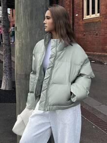 Livesso Solid Color Loose Collar Short Cotton-Padded Coat For Women Jacket - Mint Green - View 6