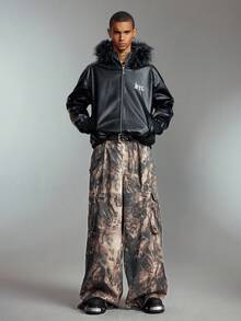 ROMWE MEN Street Life Men's Snake Camo Print Cargo Pocket Loose Fit Wide Leg Jeans - Multicolor - View 8