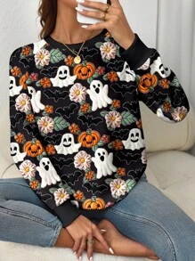 EMERY ROSE Plus Size Halloween Ghost, Pumpkin, Bat Graphic Print Raglan Sleeve Sweatshirt Fall Cloth For Women Winter Autumn - Multicolor - View 3
