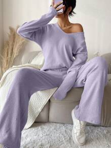 EURMUSE Đường viền cổ chữ V Thả vai Tay áo Áo thun Và Quần Bộ - Màu tím - Xem 3