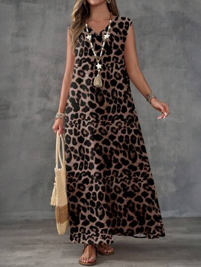 EMERY ROSE Vestido vintage de mujer con estampado de leopardo extra largo, casual de negocios, atuendo de trabajo