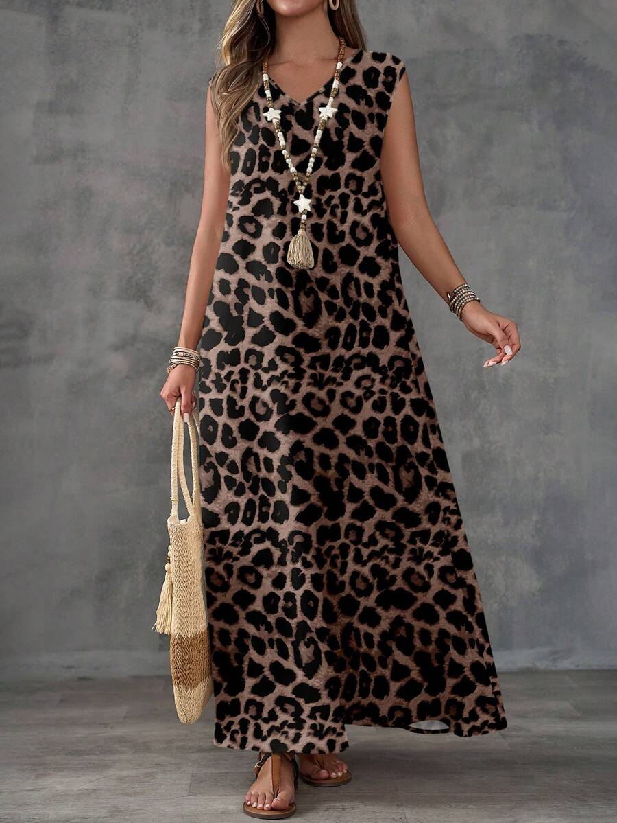 EMERY ROSE Vestido vintage de mujer con estampado de leopardo extra largo, casual de negocios, atuendo de trabajo - Multicolor - Ver 1