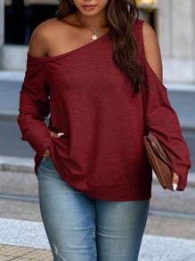 EMERY ROSE Plus Size Casual Solid Color Off-Shoulder Sweatshirt, Spring/Autumn Fall Cloth For Women Winter - Maroon - View 1