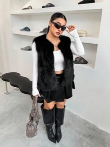 SHEIN EZwear 大码女式前开宽松背心蓬松冬季外套 - 黑色 - 查看 6