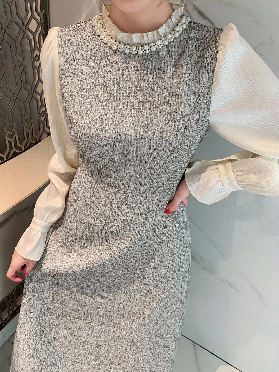DAZY Đầm cổ tròn đính ngọc trai nhiều màu sắc cho nữ, thắt eo, vải họa tiết, thanh lịch - Nhiều màu - Xem 1