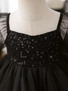 Elegant Black Mesh Long Sleeve Dress, Babygirl Fall Winter - Black - View 8