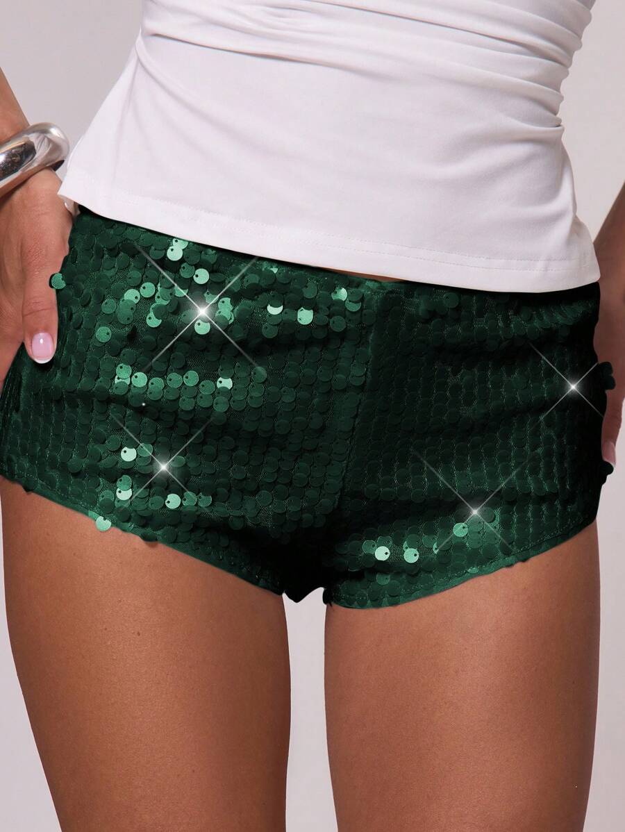 MUSERA Sequin Low Waist Fitted Mini Shorts , Holiday, Summer, Vacation, Sequin Christmas Party