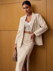 MOTF PREMIUM FRONT SLIT STRAIGHT SKIRT, AUTUMN/WINTER - Beige - View 8