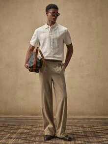 AKNOTIC Men's Woven Casual Loose Straight Leg Solid Color Pants - Khaki - View 3