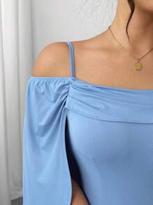 Elenzga Große Größen einfarbiges Off-Shoulder Rüschen-Saum figurbetontes Sommerkleid