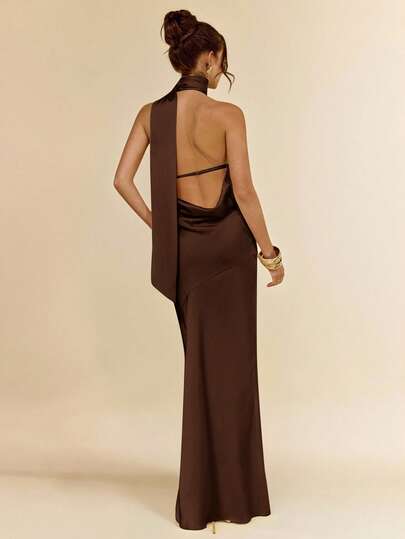 SHEIN BAE Sexy Minimalist Solid Yellow Satin Asymmetric One Shoulder Hollow Back Tie Dress, Suitable For Party, Cocktail, Formal Occasions, Bridesmaid, Birthday, Spring/Summer,Prom Dress,Party Dresses For Women,Wedding Guest Dress Women