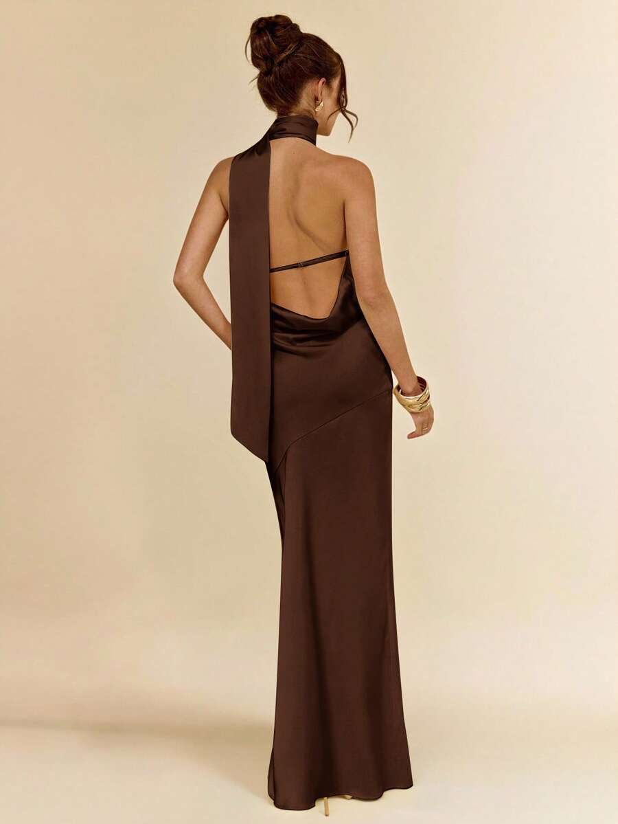 SHEIN BAE 性感简约纯黄色缎面不对称单肩镂空后背系带连衣裙,适合派对、鸡尾酒会、正式场合、伴娘、生日、春夏季 - 咖啡棕 - 查看 1