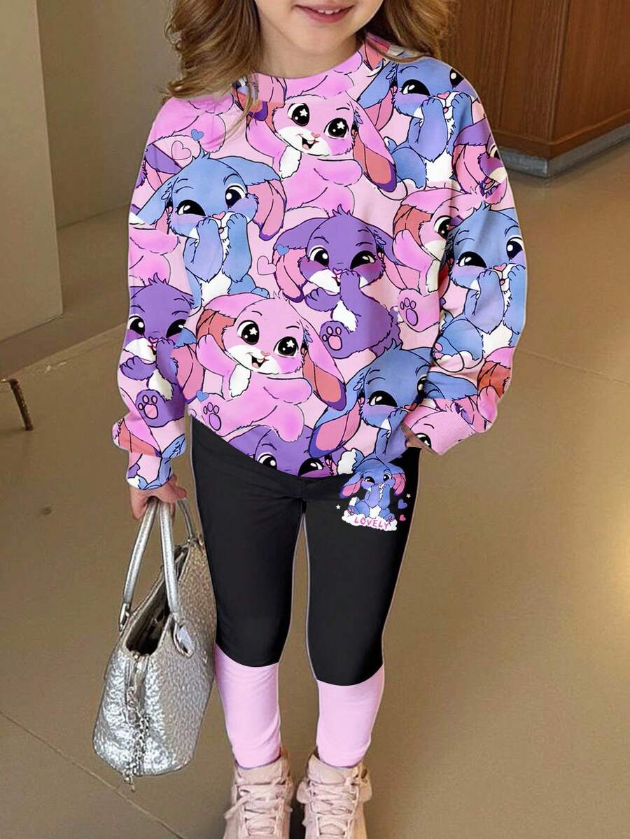 SHEIN Bộ 2 quần áo nỉ dài tay cổ tròn và quần legging in hình thỏ xanh hoạt hình dễ thương Lulu & bé gái, phù hợp cho mùa thu/đông - Nhiều màu - Xem 1