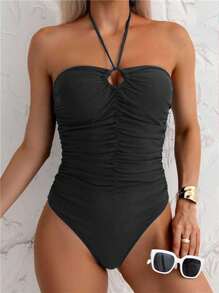 Swim Chiccia Women's Solid Color Front Tie Bandeau Swimsuit, Beach Holiday Summer - Black - View 4