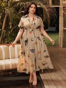 Anewsta Robe mi-longue d'été pour grandes tailles, nouvelle conception, vacances, imprimé, col V, taille vrillée - Voir 4