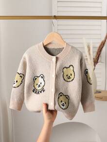 SHEIN Young Girls Crew Neck Cardigans, Autumn/Winter Sweater Jackets With Cute Bear Jacquard Decoration, Suitable For Casual Wear, Outings And Travel - Khaki - View 8
