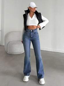 EURMUSE 98%纯棉女式修身喇叭牛仔裤 - 中等水洗藍 - 查看 5