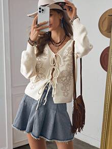 LanaWest Women's V-Neck Embroidered Stylish High-End Western Drawstring Bow Long Sleeve Cropped Cardigan, Autumn/Winter Fall Cloth For Women - Apricot - View 8