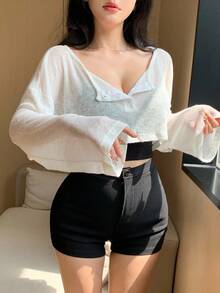 DAZY 女士宽松半拉链长袖超大T恤 - 白色 - 查看 5