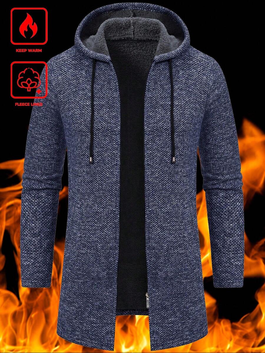 Manfinity Homme 男士休闲通勤拉链抽绳连帽抓绒开衫,秋冬男士拉链连帽衫,男士长袖外套,男士休闲连帽衫,保暖加厚款 - 藍色 - 查看 1