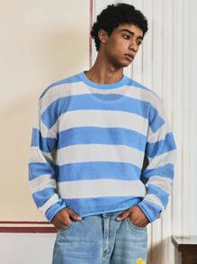 SWAVVY Jersey de cuello redondo de manga larga con estampado de rayas casual para hombre, para otoño e invierno - Celeste - Ver 1