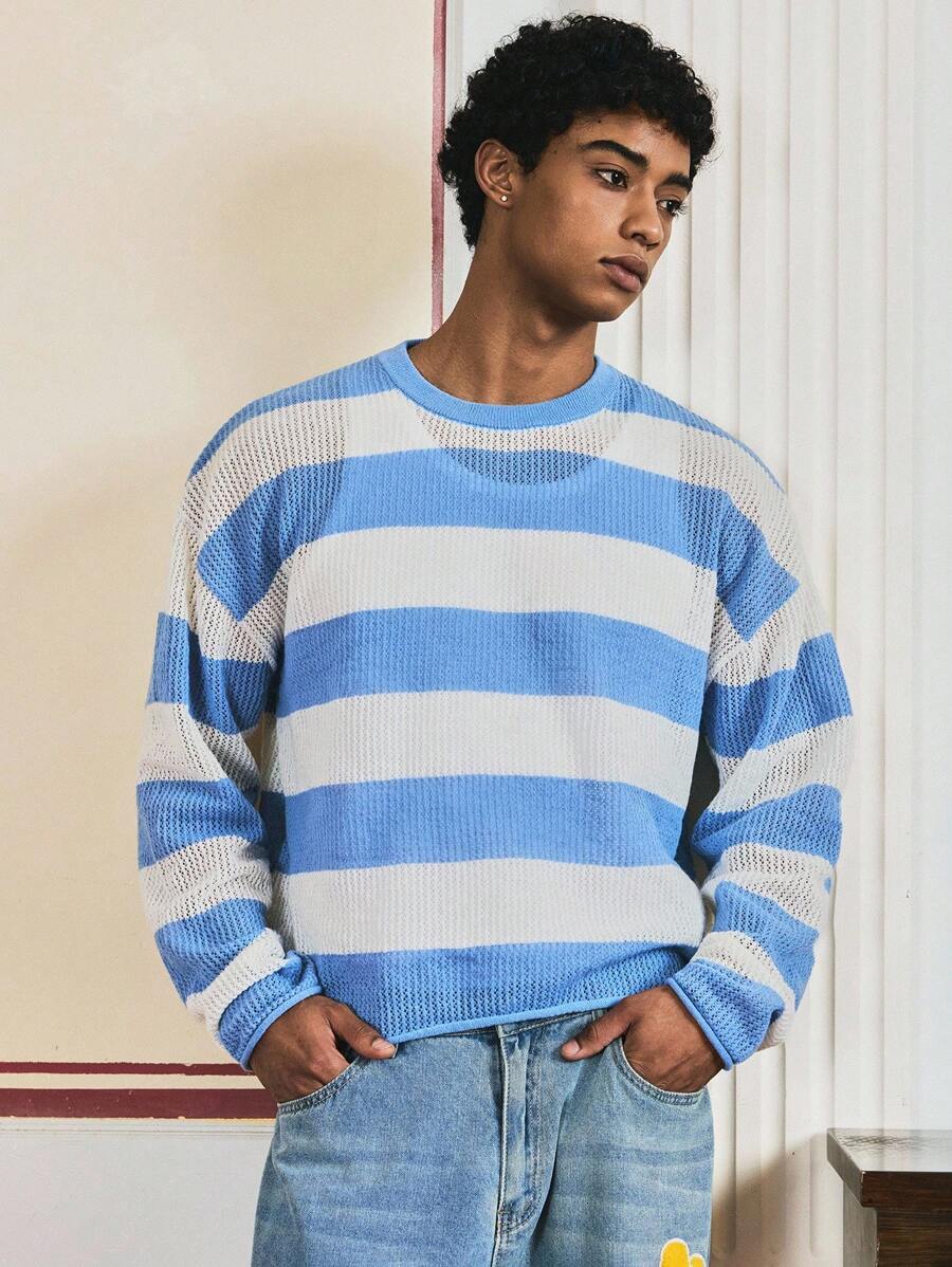 SWAVVY Jersey de cuello redondo de manga larga con estampado de rayas casual para hombre, para otoño e invierno - Celeste - Ver 1