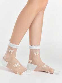 ROMWE Kawaii 2 pares de calcetines de seda con cristal y lazo, calcetines versátiles para mujer hasta la pantorrilla con ribete de encaje