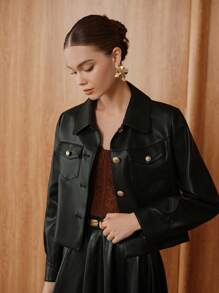 Almamuse Damen Mode Jacke mit kleinem Kragen und Tasche aus PU-Leder, kurzer Mantel