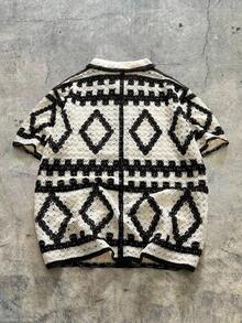 AXEPEAK Plus Size Men's Casual Hollow Out Geometric Short Sleeve Knitted Sweater, For Fall, Winter - Black and White - View 2