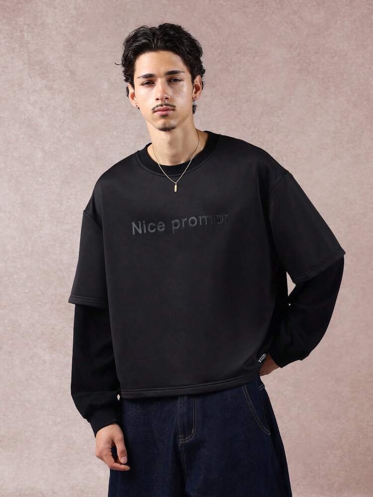 Double Layer Boxy Sweatshirt With Crew Neck Print