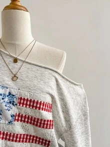 Elamini 灰色斜纹面料卫衣，花卉格子镂空刺绣，美国国旗刺绣，斜肩，宽松版型，罗纹袖口和下摆，休闲复古街头风格，适合秋季日常穿着 - 灰色 - 查看 6