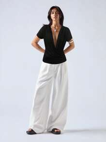 LYSMO 女士纯色深V领性感吊带背心 - 黑色 - 查看 5