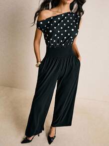 Poéselle 休闲时尚不对称领腰喇叭腿女式连体裤 - 黑與白 - 查看 3