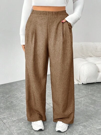 SHEIN Essnce Plus Size Women's Autumn And Winter Fashion Casual Loose Daily Comfortable Retro Gray Elastic Waist Wide Leg Pants,Women Bottom,Work Pants,Fall Outfits,Old Money,Vintage Pants,Curve Pants,Fall Clothes For Women