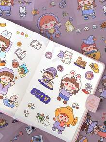 100 张透明可爱女孩与动物 PET 贴纸，卡通贴花，适用于笔记本水瓶手机冰箱，DIY 剪贴簿剪贴画贴纸随机发货（盒装） - 無色 - 查看 2