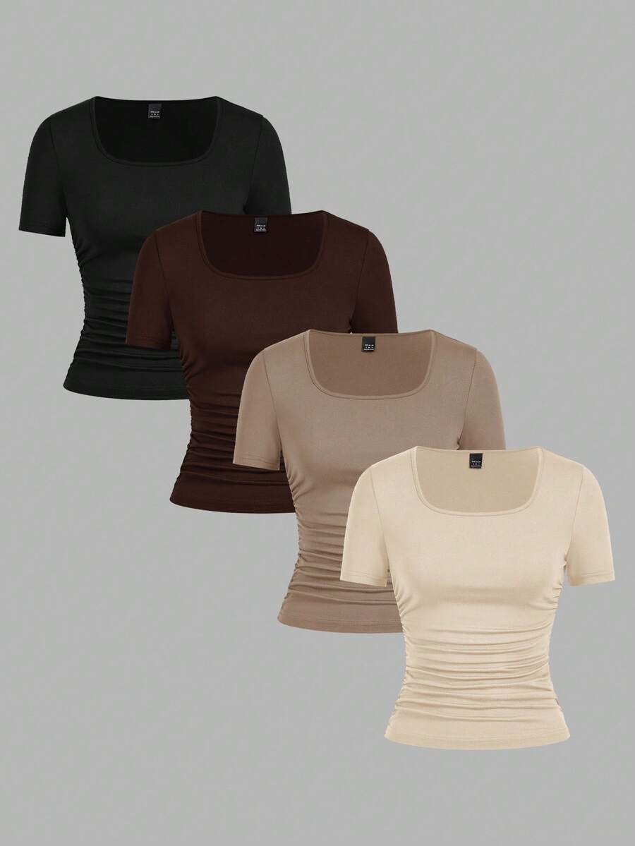 SHEIN EZwear Bộ 4 áo thun cổ tròn tay ngắn màu trơn đơn giản thoải mái dành cho nữ, phù hợp cho mùa xuân/hè - Nhiều màu - Xem 1